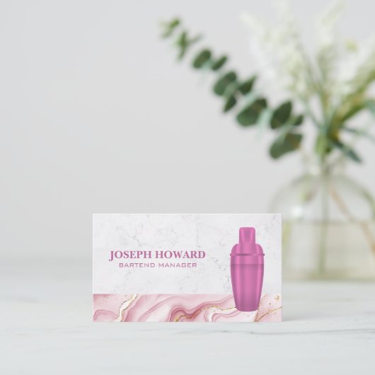 マーティーニシェーカーロゴ |ピンクの大理石 名刺 (スタンド正面)