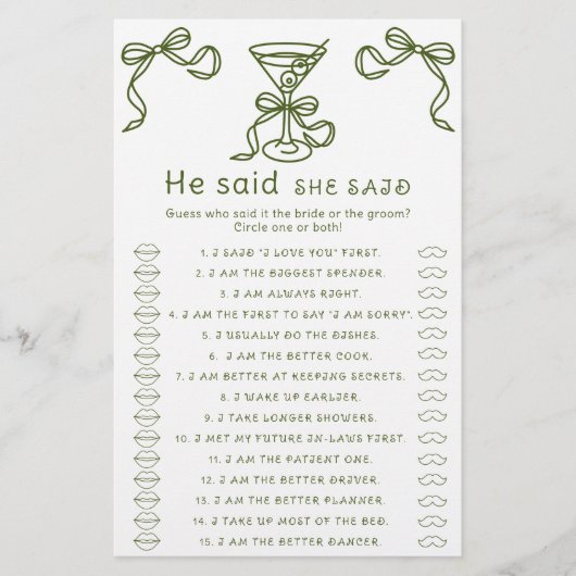 マーティーニ弓ブライダルシャワー彼は彼女はゲームを言った (正面)