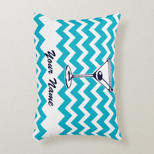 マーティーニ・ピクトグラムと青いシェブロン模様 アクセントクッション (正面(垂直))