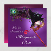 マーディグラスマスカレードボールパープルピンク明るい赤紫色 招待状 (正面/裏面)