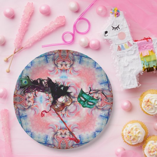 マーディグラスマスカレードボールマスクブルーピンクパープル ペーパープレート (パーティー)