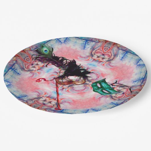 マーディグラスマスカレードボールマスクブルーピンクパープル ペーパープレート (アングル)