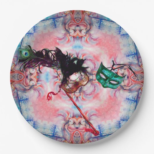 マーディグラスマスカレードボールマスクブルーピンクパープル ペーパープレート (正面)