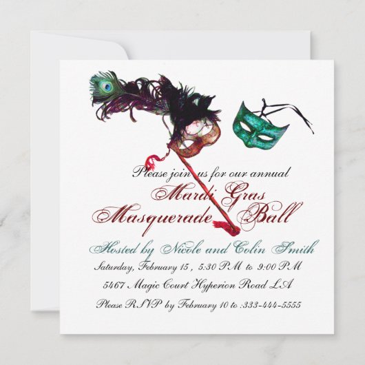 マーディグラスマスカレードボール赤白青ブラック 招待状 (裏面)