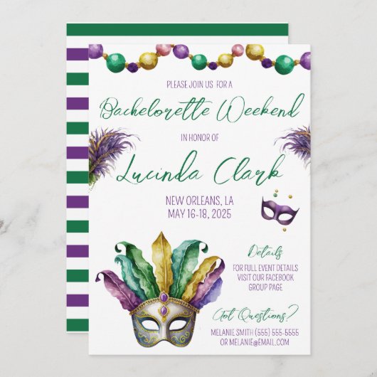 マーディ・グラスをテーマにした独身最後の夜のパーティー 招待状 (正面/裏面)