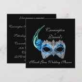 「マーディ・グラス ウェディング シャワー」- ターコイズのマスク付き La 招待状 (正面/裏面)