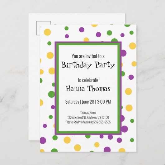 マーディ・グラス・ドット・プレイフル・バースデー・招待状 インビテーションポストカード (正面/裏面)
