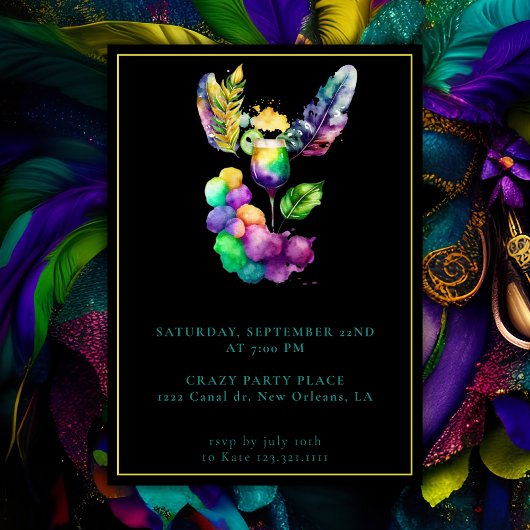 マーディ・グラス・バースデー・マスカレード・パーティー・ブラック・チック 招待状