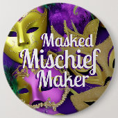 マーディ・グラス パープルとゴールドのマスク 缶バッジ (正面)