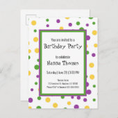 マーディ・グラス ポルカドット 遊び心あふれる誕生日招待状 インビテーションポストカード (正面/裏面)