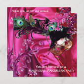 マーディ・グラス・マスカレード・パーティー、フクシアシルクの布 招待状 (正面/裏面)