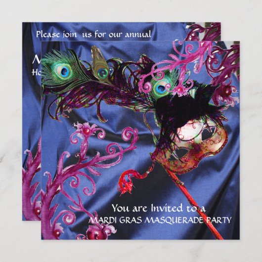 マーディ・グラス・マスカレード・パーティー、青いシルクの布 招待状 (正面/裏面)