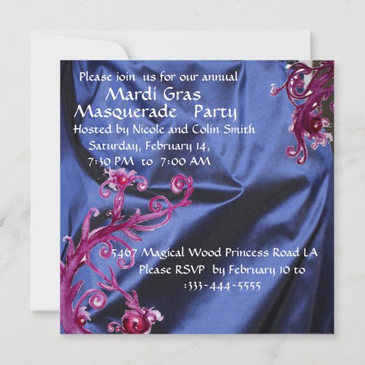 マーディ・グラス・マスカレード・パーティー、青いシルクの布 招待状 (裏面)