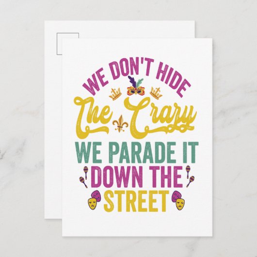 マーディ・グラス 私たちは狂気を隠さない、パレードで誇示する インビテーションポストカード (正面/裏面)