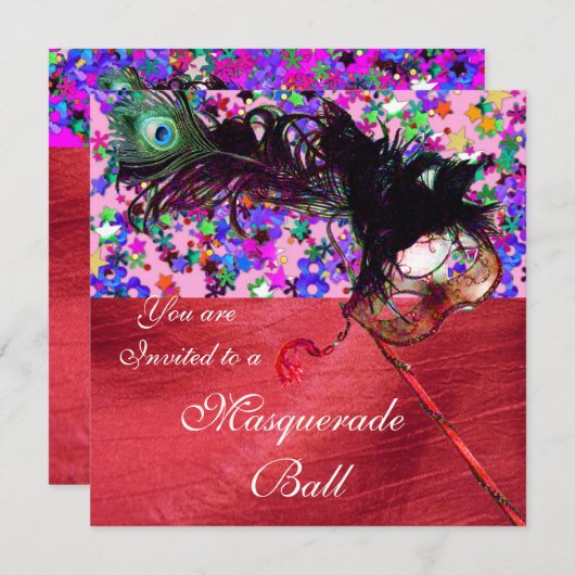 マーディ・グラ・マスカレード&コンフェッティ 赤いシルク 招待状 (正面/裏面)