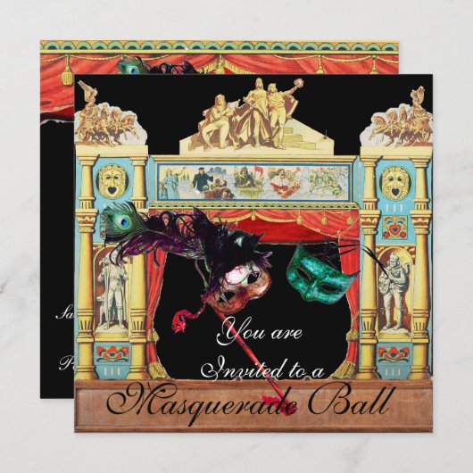 マーディ・グラ・マスカレード・ボール・マスク・シアター・ステージ 招待状 (正面/裏面)