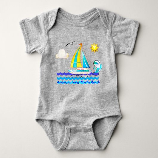マートルビーチ、SCキュート帆船、サンシャインとカモメ ベビーボディスーツ (正面)