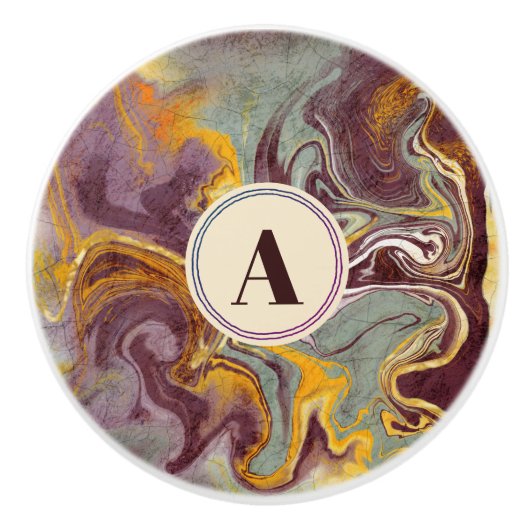 マーブスタイリッシュル抽象芸術ムーブティール(緑がかった色)フェイク金ゴールド セラミックノブ (正面)