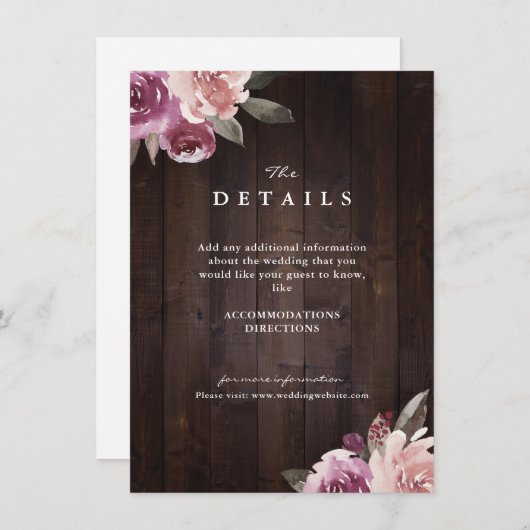 マーブパープルの花柄の素朴な木製の結婚式の詳細 エンクロージャーカード (正面/裏面)