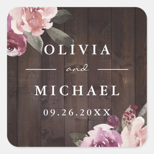 マーブパープル×マルベリーの花モチーフが可愛らしい、素朴な木製のウェディング スクエアシール (正面)