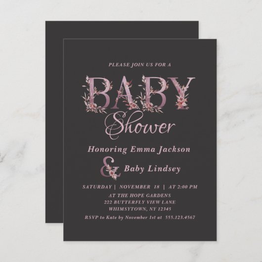 マーブピンクのエレガントな花モチーフの女の子のベビーシャワー インビテーションポストカード (正面/裏面)