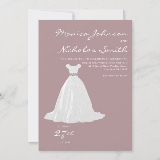 マーブピンク結婚のホワイトレースのドレスシ結婚ック 招待状 (正面)