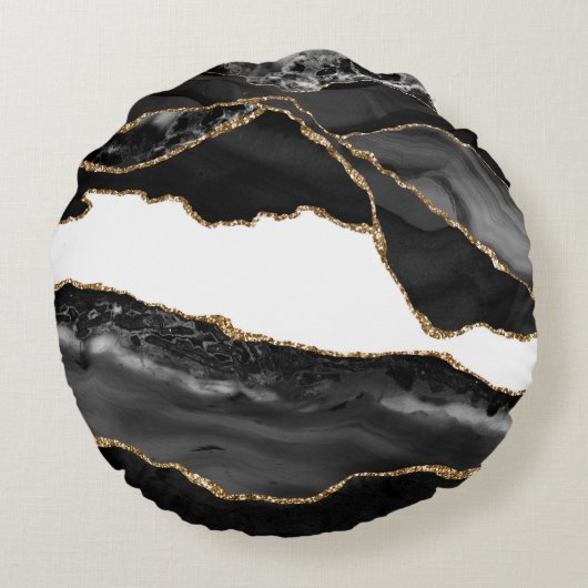 マーブフェイクルアゲートブラックストーンラグジュアリスタイリッシュー金ゴールド ラウンドクッション (裏面)