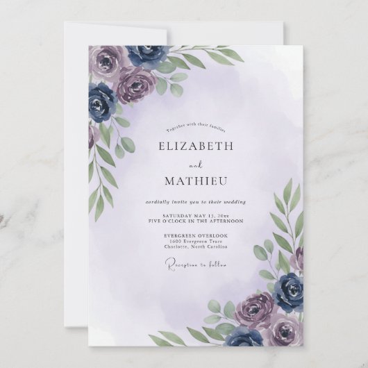 マーブルのインディゴの葉のユーカリの結婚式 招待状 (正面)