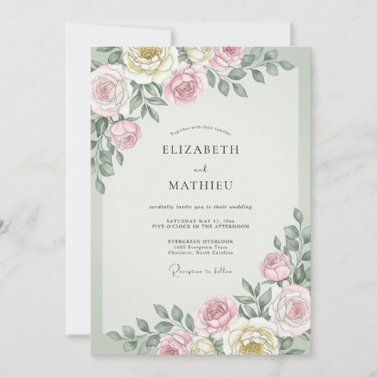 マーブルのクリーム色ユーカリの葉の結婚式 招待状 (正面)
