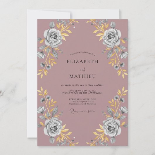 マーブルのゴールドの芍薬の結婚式 招待状 (正面)
