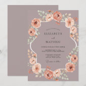 マーブルのピーチの植物画の水彩結婚式 招待状 (正面/裏面)