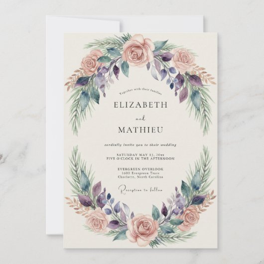 マーブルの梅のリースの結婚式 招待状 (正面)