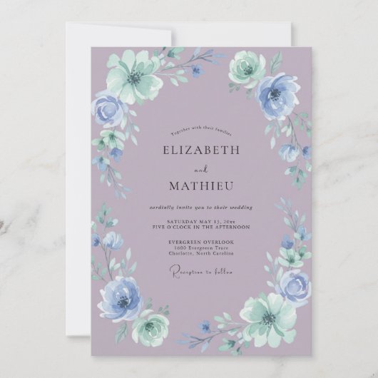 マーブルの菫色の芍薬の結婚式 招待状 (正面)