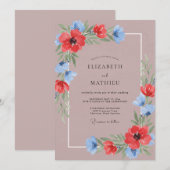マーブルの赤い野の花の結婚式 招待状 (正面/裏面)