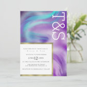 マーブルはっきりしたミントパープルブルータイポグラフィ結婚ズ 招待状 (スタンド正面)