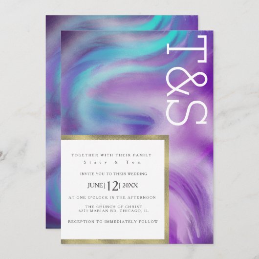 マーブルはっきりしたミントパープルブルータイポグラフィ結婚ズ 招待状 (正面/裏面)