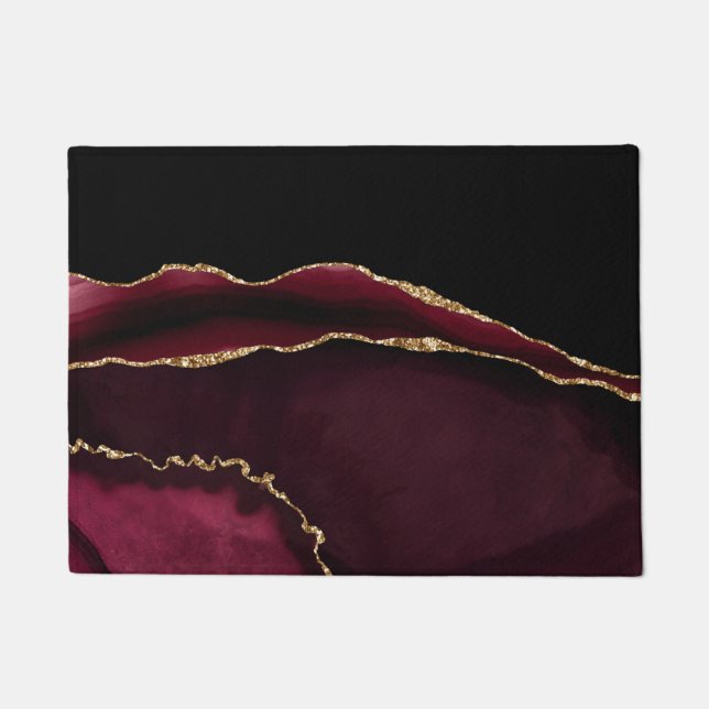 マーブルアゲートシックブラックパープル金ゴールドグリッター ドアマット (正面)