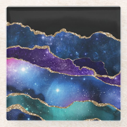 マーブルアゲートストーン銀河系スパークリース輝くターズ ガラスコースター (正面)