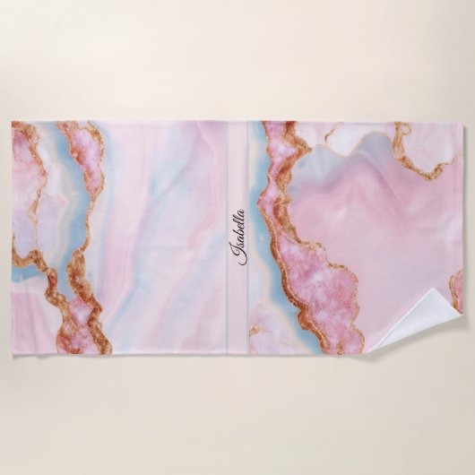 マーブルアゲートトレンディーブルーピンク金ゴールドコレクション ビーチタオル (正面)