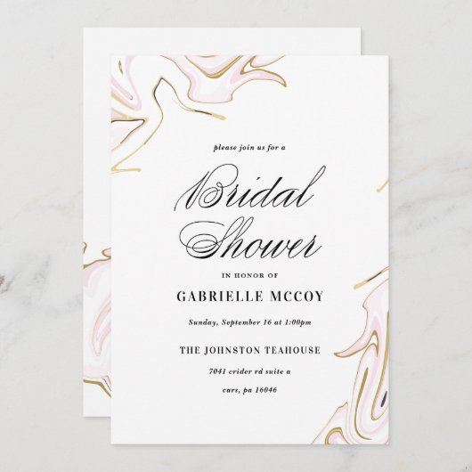 マーブルアゲートブライダルシャワー |ピンクと金ゴールド 招待状 (正面/裏面)