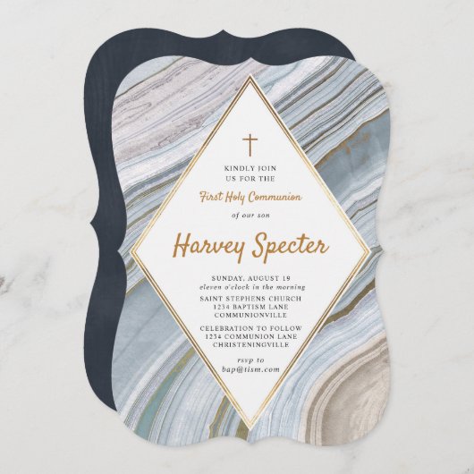 マーブルアゲート金ゴールドファーストホリーコミュニオン招待状 招待状 (正面/裏面)