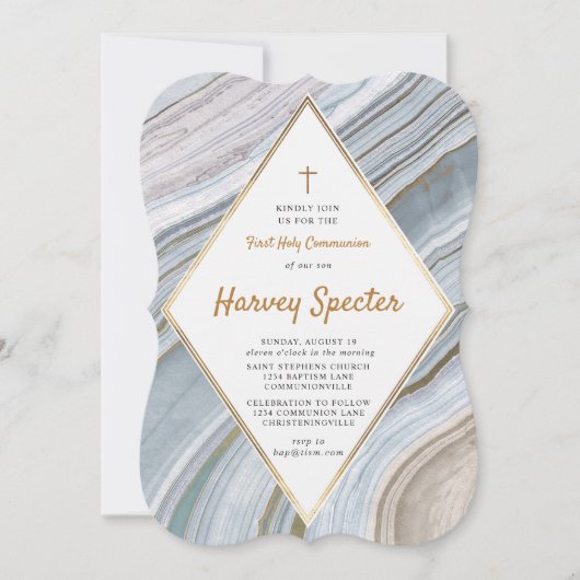 マーブルアゲート金ゴールドファーストホリーコミュニオン招待状 招待状 (正面)