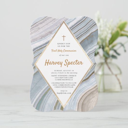 マーブルアゲート金ゴールドファーストホリーコミュニオン招待状 招待状 (スタンド正面)
