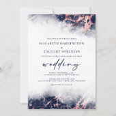 マーブルエレガントネイビーブルーバラ金ゴールド結婚ズ 招待状 (正面)