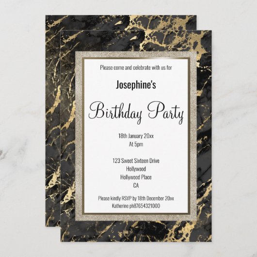 マーブルエレガントブラック金ゴールドデザイン誕生日 招待状 (正面/裏面)