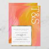 マーブルオレンジピンク金ゴールド結婚タイポグラフィ 招待状 (正面/裏面)