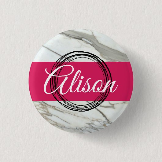 マーブルガーリーピンク名前をカスタムするデザインキーチェーン 缶バッジ (正面)