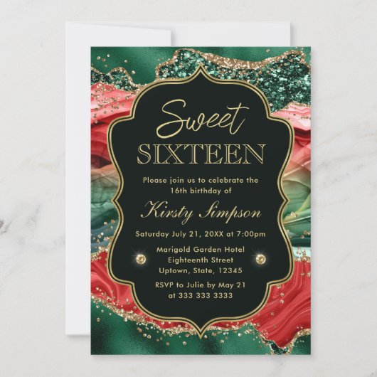 マーブルクリスマスアゲート&金ゴールドグリッタースウィート16 招待状 (正面)