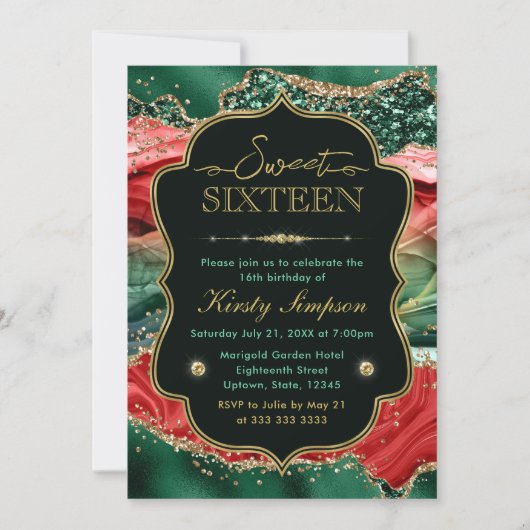 マーブルクリスマスアゲート&金ゴールドグリッタースウィート16 招待状 (正面)