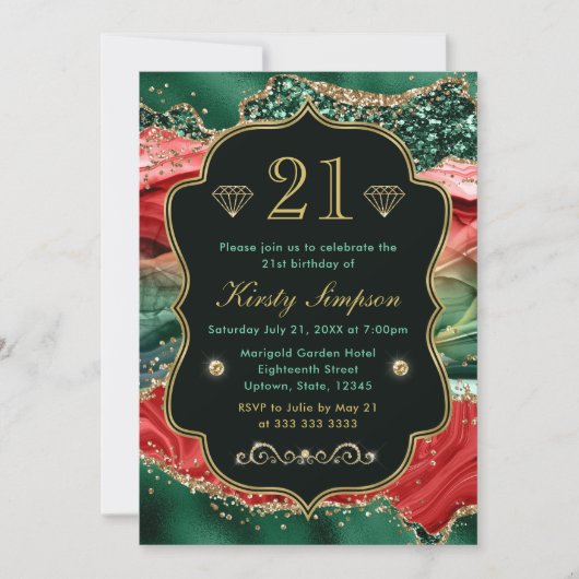 マーブルクリスマスゲート&金ゴールドグリッター誕生日 招待状 (正面)